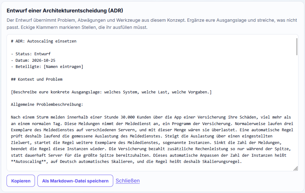 Entwurf einer Architekturentscheidung (ADR) für das Konzept Autoscaling, mit Platzhaltern in eckigen Klammern