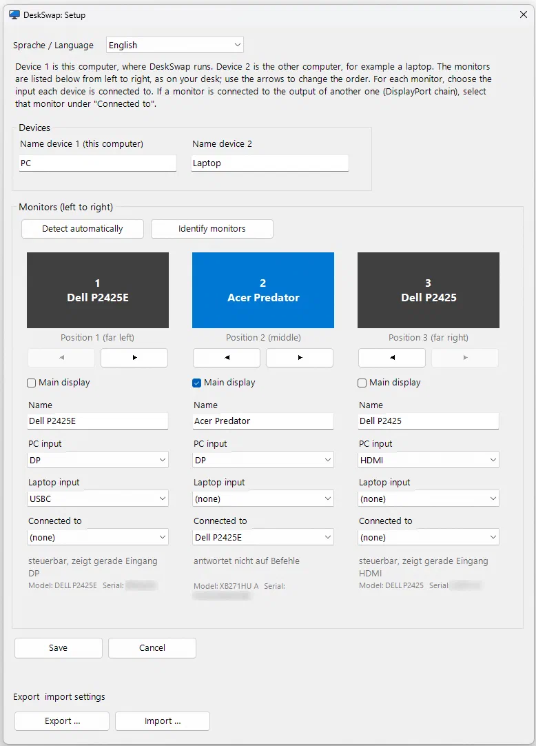 Ventana de configuración de DeskSwap con tres monitores de izquierda a derecha y las entradas para PC y portátil
