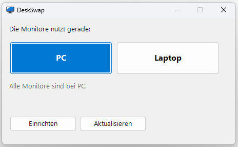 Startfenster von DeskSwap mit den Knöpfen PC und Laptop